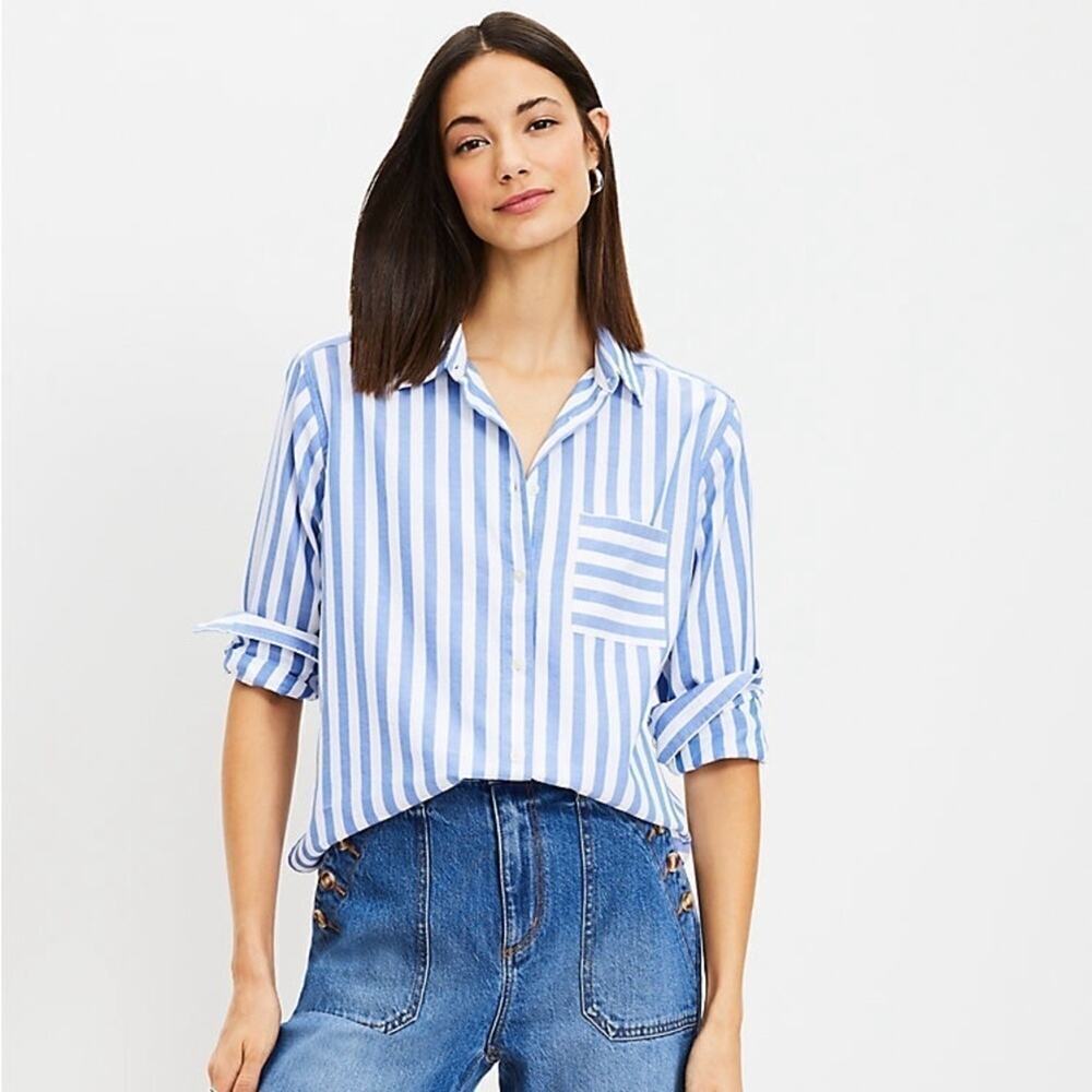 Loft Relaxed Fit Blue White Striped Button Down Cotton Pocket Shirt Long Sleeve
